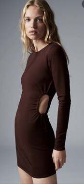 Zara Women's Brown Rib Knit Cutout Long Sleeve Mini Bodycon Sweater Dress Size S